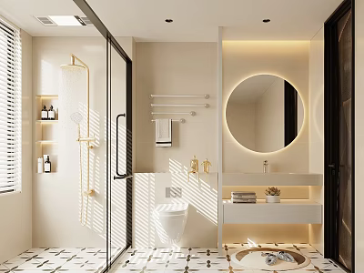 Modern Bathroom With Glass Shower Toilet Round Mirror And Shelves 3d model