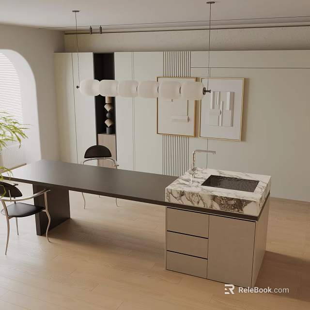 Modern Dining Table Set With Marble Countertop Chairs And Pendant Lights 3d model 