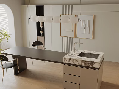 Modern Dining Table Set With Marble Countertop Chairs And Pendant Lights 3d model