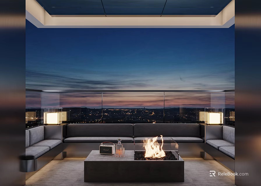 Home Balcony with Modern Outdoor Sofa Fire Pit Warm Lighting and Night City View 3d model 
