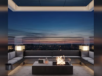 Home Balcony with Modern Outdoor Sofa Fire Pit Warm Lighting and Night City View 3d model