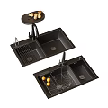 Black Double Bowl Kitchen Sink With Faucet Drainer Rack And Oranges