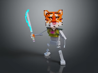 Stylized Pixel Art Character With Tiger Head Skeleton Body Glowing Sword And Green Vest 3d model
