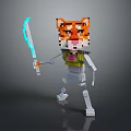 Stylized Pixel Art Character With Tiger Head Skeleton Body Glowing Sword And Green Vest