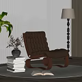 Black Leather Tufted Accent Chair with Wooden Frame Potted Plant Books Floor Lamp and Blinds