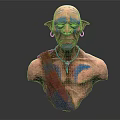 Fantasy Creature Character Bust with Large Ears Wrinkled Skin Colorful Paint Necklace Red Blue Cloth
