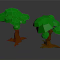 Low Poly Style Two Trees With Green Canopies And Brown Trunks On Gray Background