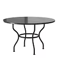 Modern Round Black Table And Striped Fabric Chairs With Orange Cushions Metal Frame