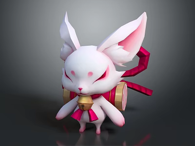 Cute White Rabbit Character With Pink Ears Red Eye Patterns Bell Ribbon And Drum Decoration 3d model
