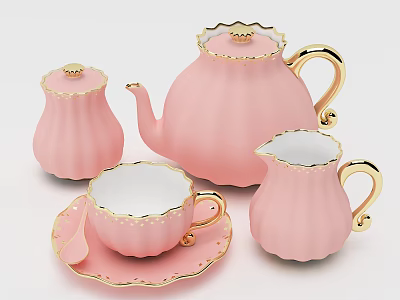 Pink Ceramic Tea Set With Teapot Teacup Saucer And Gold Trim 3d model