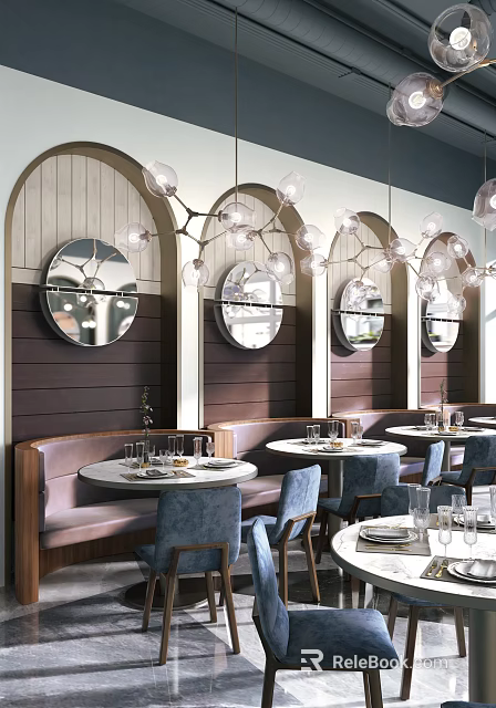 Modern Restaurant Interior With Circular Mirrors Pendant Lights Booth Seating And Round Dining Tables 3d model 