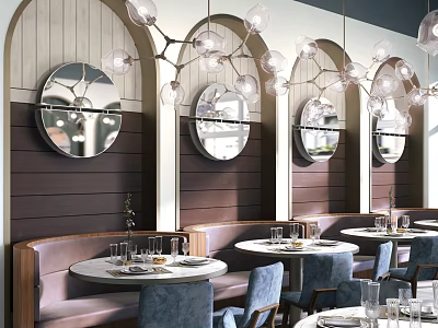 Modern Restaurant Interior With Circular Mirrors Pendant Lights Booth Seating And Round Dining Tables 3d model