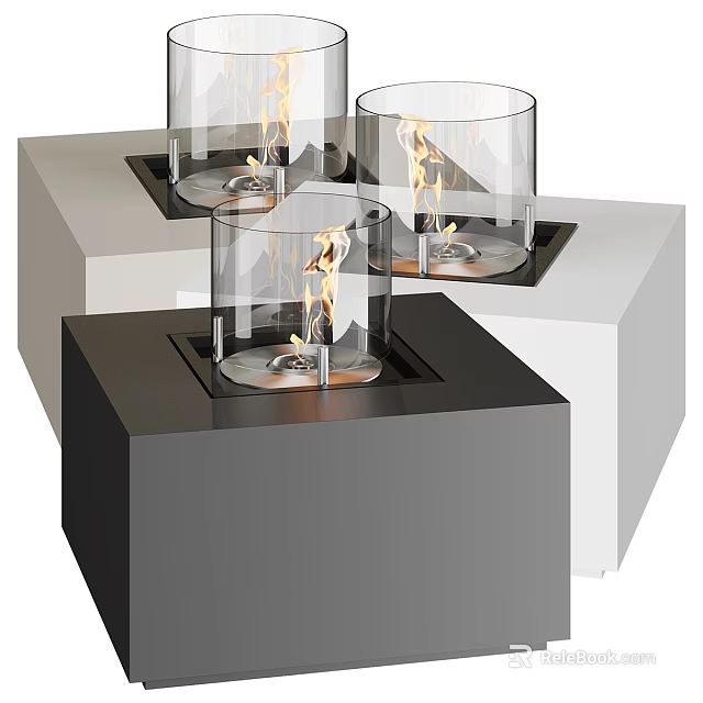 Modern Cube Base Fireplace With Transparent Glass Enclosure And Burning Flame 3d model 
