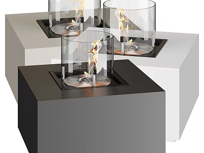 Modern Cube Base Fireplace With Transparent Glass Enclosure And Burning Flame 3d model