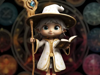 Cute Elf Wizard Character With White Robe Golden Accents Holding Gemstone Staff And Open Spellbook 3d model