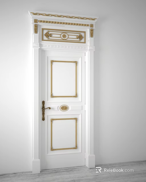 Elegant White Hinged Door With Gold Decorative Panels Frame And Handle 3d model