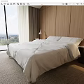 Modern Bedroom Double Bed with White Linens Wooden Panel Wall and Scenic Window View