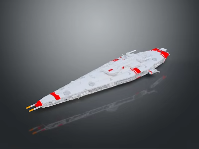 Detailed White And Red Model Ship With Intricate Structure On Reflective Base Against Dark Background 3d model