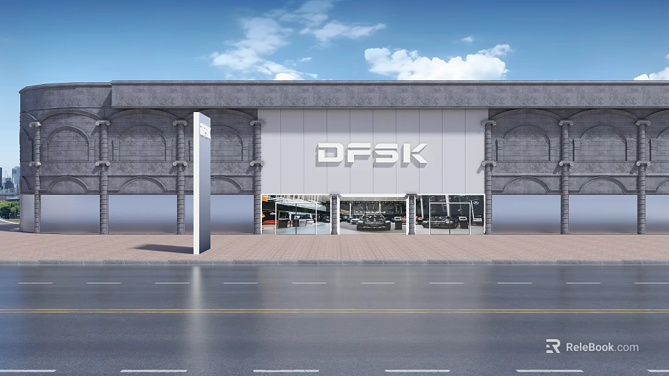 DFSK 4S Dealership Modern Exterior With Glass Facade And Vehicle 3d model 