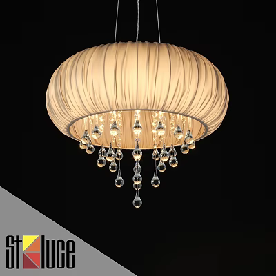 Elegant Cream Colored Pleated Fabric Chandelier With Crystal Pendants And Metallic Frame 3d model