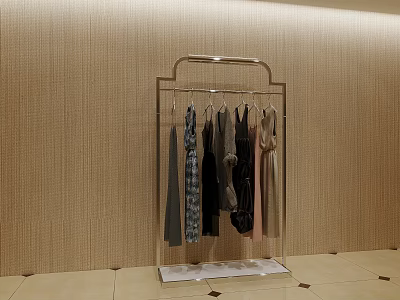 Transparent Clothes Rack Metal Frame With Multiple Hanging Clothes On Beige Wall Light Tiled Floor 3d model