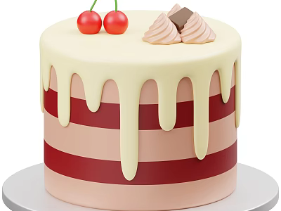 Delicious Striped Cake Topped With Dripping Cream Cherries And Decorations 3d model