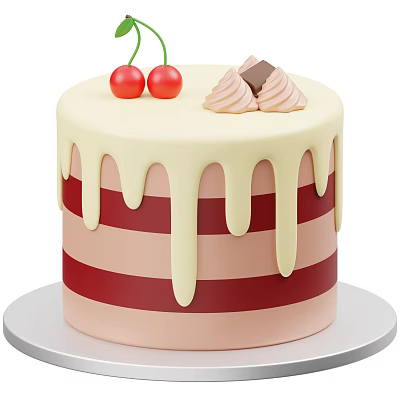 Delicious Striped Cake Topped With Dripping Cream Cherries And Decorations 3d model Delicious Striped Cake Topped With Dripping Cream Cherries And Decorations 3d model