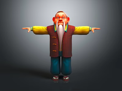 Cartoon Elderly Man Character With Long White Beard Red Yellow Coat Blue Pants Outstretched Arms 3d model
