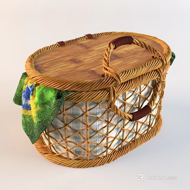 Woven Storage Basket With Wooden Lid Handle Green Yellow Blue Towel Checkered Fabric Lining Inside 3d model 