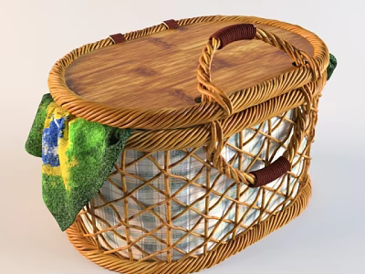 Woven Storage Basket With Wooden Lid Handle Green Yellow Blue Towel Checkered Fabric Lining Inside 3d model