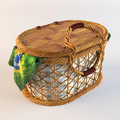 Woven Storage Basket With Wooden Lid Handle Green Yellow Blue Towel Checkered Fabric Lining Inside 3d model