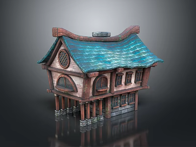 Traditional House Model Featuring Blue Tiled Roof Wooden Structure Arched Windows And Stone Columns 3d model