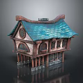 Traditional House Model Featuring Blue Tiled Roof Wooden Structure Arched Windows And Stone Columns