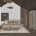 Elegant Hotel Room Interior With Wooden Ceiling Walls Large Bed And Wardrobe