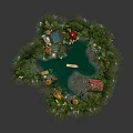 Detailed Miniature Scene Construction With Lush Green Plants Yellow Pillars Small Buildings And Signposts