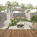 Cozy Courtyard Garden Featuring Wooden Deck Outdoor Sofa Fire Pit Umbrella And Lush Plants