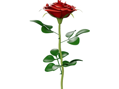 Beautiful Red Rose With Green Stem And Fresh Green Leaves 3d model