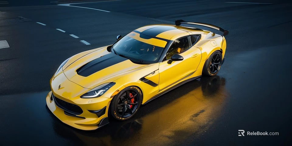 Yellow Sports Car With Black Stripes Sleek Design And Rear Spoiler On Wet Road 3d model 