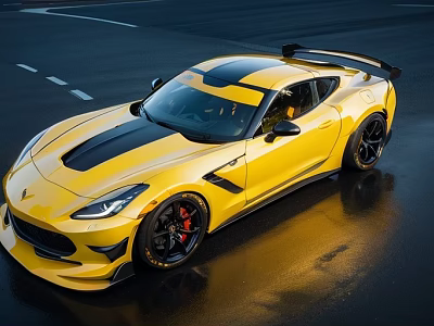 Yellow Sports Car With Black Stripes Sleek Design And Rear Spoiler On Wet Road 3d model