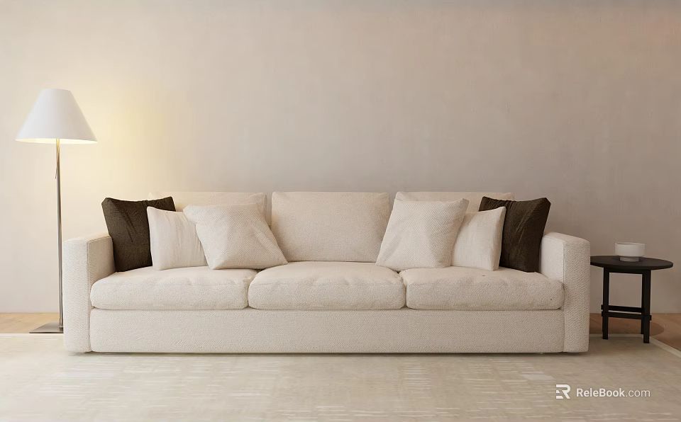 Cozy Beige Three Seater Sofa with Dark Cushions and Floor Lamp in Light Room 3d model 