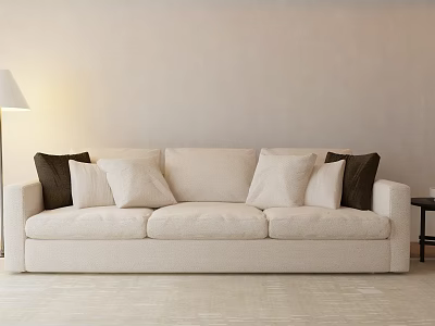 Cozy Beige Three Seater Sofa with Dark Cushions and Floor Lamp in Light Room 3d model