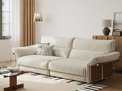 Comfortable Casual Sofa Set With Striped Pattern Wooden Coffee Table Floor Lamp And Light Living Room 3d model