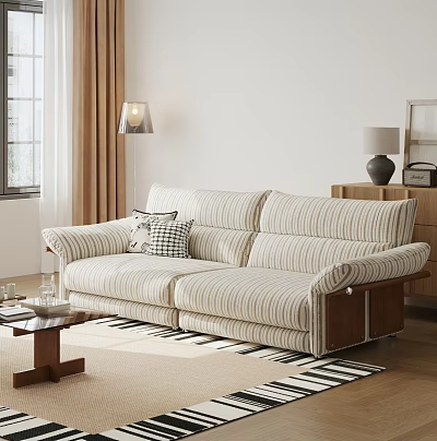 Comfortable Casual Sofa Set With Striped Pattern Wooden Coffee Table Floor Lamp And Light Living Room 3d model