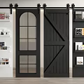 Arch Glass And Wooden Black Barn Door Interior With Shelves And Books