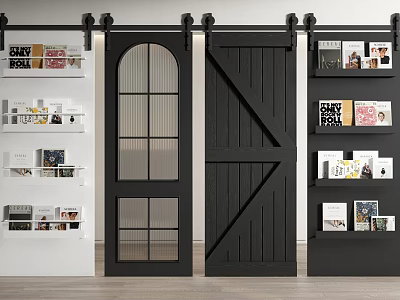 Arch Glass And Wooden Black Barn Door Interior With Shelves And Books 3d model