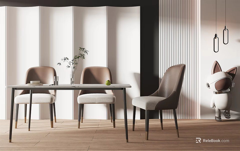 Modern Dining Table Set With Comfortable Chairs And Decorative Plant In Interior 3d model 