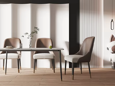 Modern Dining Table Set With Comfortable Chairs And Decorative Plant In Interior 3d model