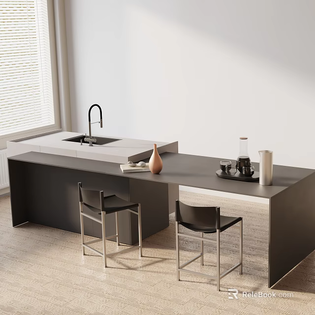 Modern Dining Table Set With Black Chairs And Island Sink Counter Top 3d model 