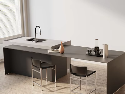 Modern Dining Table Set With Black Chairs And Island Sink Counter Top 3d model