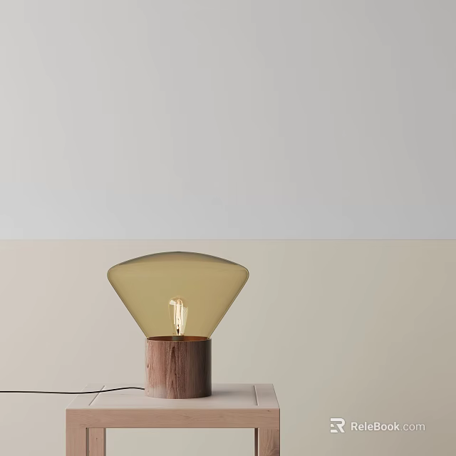 Modern Minimalist Table Lamp With Curved Amber Glass Shade And Solid Wooden Base 3d model 